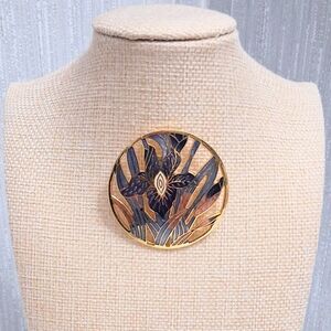 Vintage Cloisonne Iris Brooch Purple Flower Signed CL